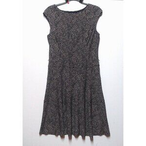 Chaps Womens dress stretch sheath flare Sz L ankle/midi black beige POLKA DOTS